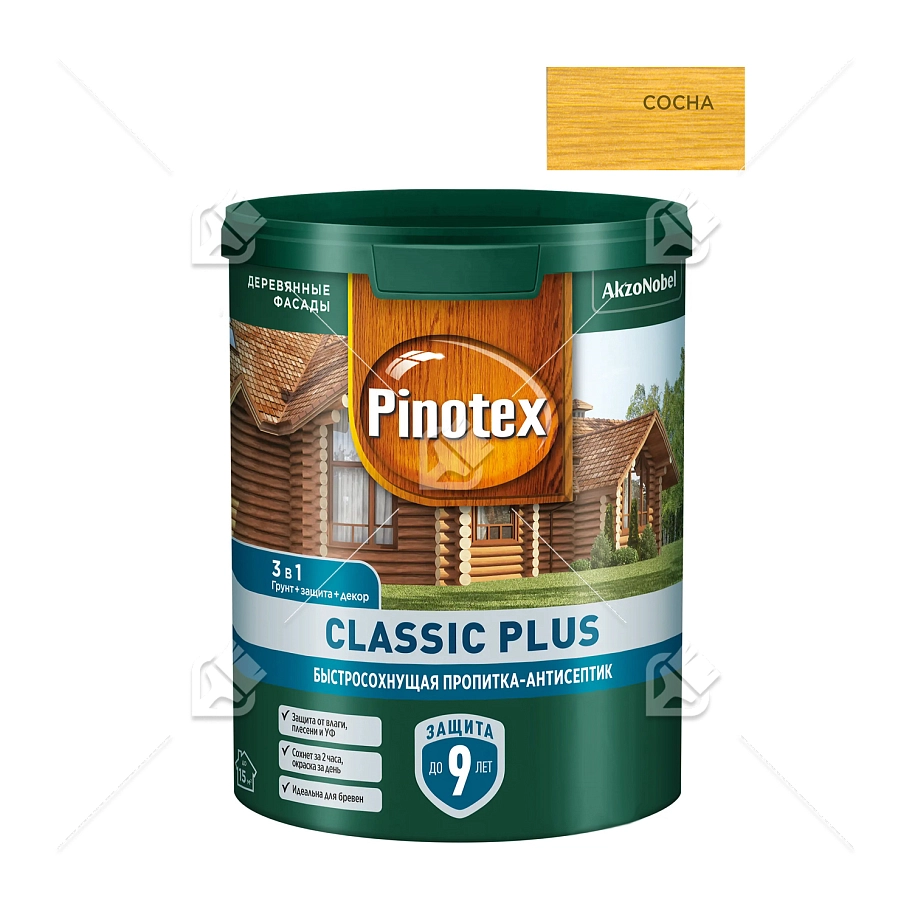 Пропитка декоративная для защиты древесины Pinotex Classic Plus 3 в 1 сосна 0,9 л.