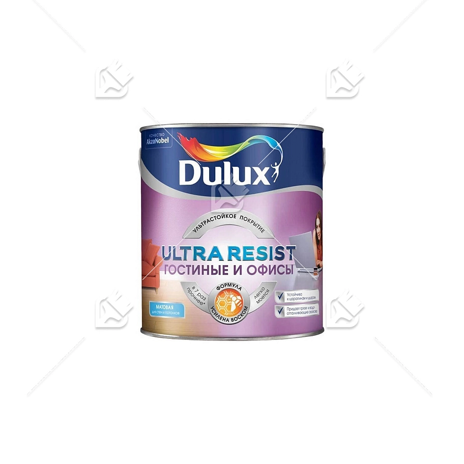 Краска для стен и потолков латексная Dulux Ultra Resist Для Гостиной и Офиса матовая база BW 2,5 л.