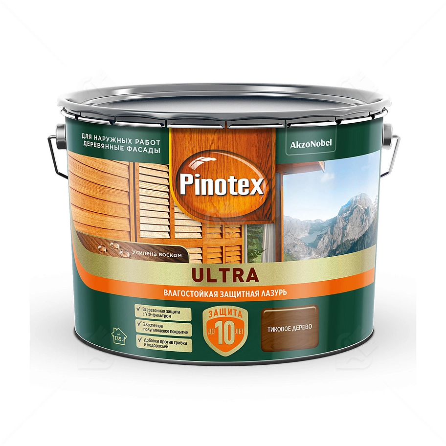 Пропитка декоративная для защиты древесины Pinotex Ultra AWB полуглянцевая тик 9 л