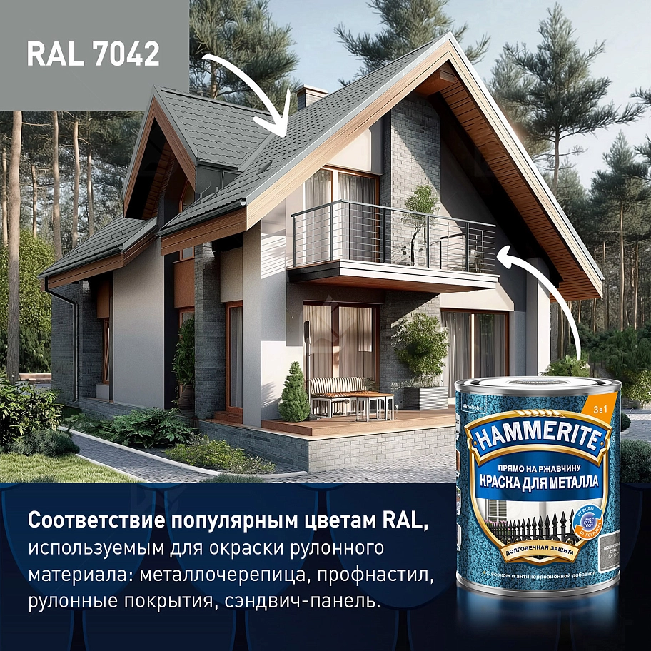 Краска для металлических поверхностей алкидная Hammerite гладкая серая RAL 7042 0,75 л.