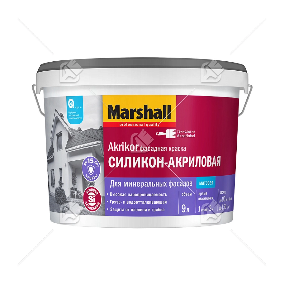 Краска фасадная силикон-акриловая Marshall Akrikor матовая база BW 9 л.