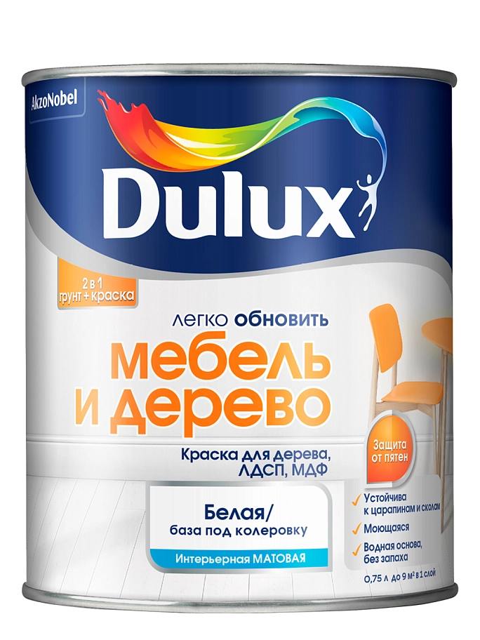 Краска для дерева водно-дисперсионная Dulux Мебель и дерево матовая база BW 0,75 л.